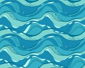 seamless pattern with blue and turquoise waves with tribal pattern. water surface. vector texture of