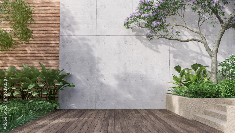Empty exterior concrete wall with tropical style garden 3d render,decorate with tropical style tree ,sunlight on the wall - obrazy, fototapety, plakaty 