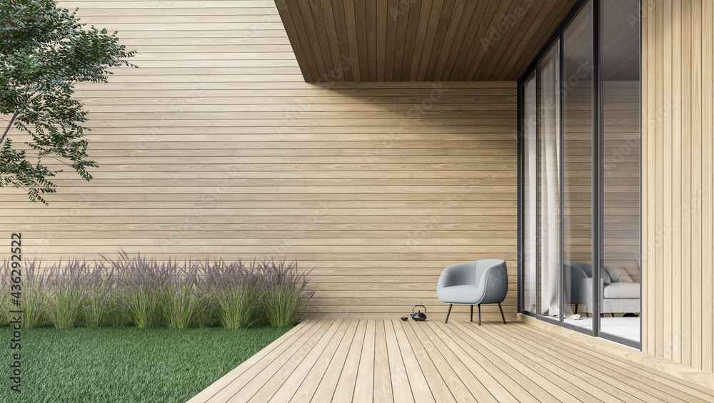 Minimal style wooden terrace with green lawn 3d render,There are empty wood plank wall,decorate with modern gray chair. - obrazy, fototapety, plakaty 