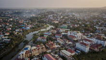 Aerial Drone Photograph Of City Of Siem Reap In Cambodia.