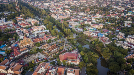 Wall Mural - Aerial drone photograph of city of Siem Reap in Cambodia.