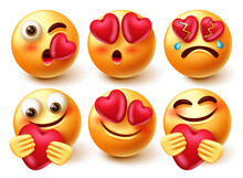 Emoticon Love Smileys Vector Character Set. In Love 3d Emoji Characters With Expressions Like Kiss, Crying And Holding Heart For In Love And Care Cute Smiley Collection Design. Vector Illustration