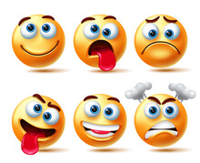 Smileys Emoji Vector Character Set. Smiley 3d Emoji With Expressions Like Crazy, Happy And Angry Isolated In White Background For Emoticons Characters Collection Design. Vector Illustration
