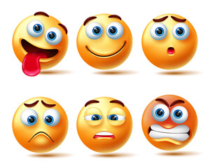 Wall Mural - Smileys emoticon vector set. Emoji 3d emoticons isolated in white background with face like happy, sad, angry and sleepy emotion for smiley expressions collection design. Vector illustration
