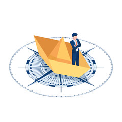 Poster - Isometric Businessman Standing on Paper Boat Over The Compass