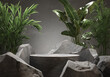 Stone podium for display product with tropical leaves. 3d illustration