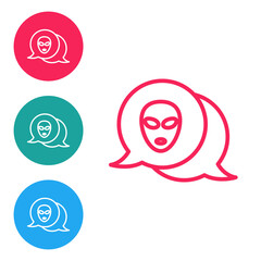 Poster - Red line Alien icon isolated on white background. Extraterrestrial alien face or head symbol. Set icons in circle buttons. Vector