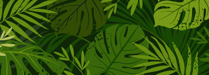 Wall Mural - green background with tropical plant leaves and texture. editable vector template for wallpaper, ban