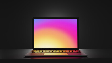 Fototapete - Laptop computer black color place on table with dark background. 3D illustration rendering image.