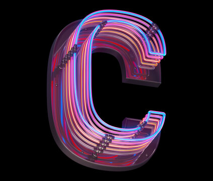 3d lines colorful neon font. Letter C.