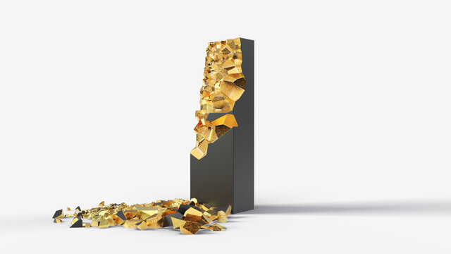 damaged black letter I reveals gold inside. 3d illustration, suitable for typewriting, letter, and alphabet themes.