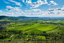 Germany, Panorama View Above Winnenden City Houses Surrounded By Wide Green Nature Landscape Of Fields And Vineyards In Summer