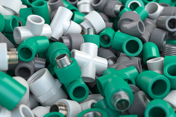 Various fittings of pvc plastic pipes and tubes in heap. Plumbing ackground.