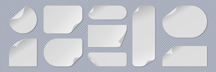 Aufkleber - Curled paper sticker. Realistic white advertisement sheets with rolled corner. Curved round and square 3D notes with copy space. Blank pages set on transparent background. Vector labels