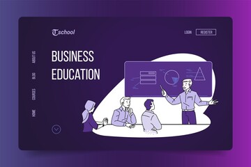 Poster - Business education landing page. Online studying website interface. Web seminar and conference. Educational course. UI design template with buttons. Vector people learn and discuss tasks