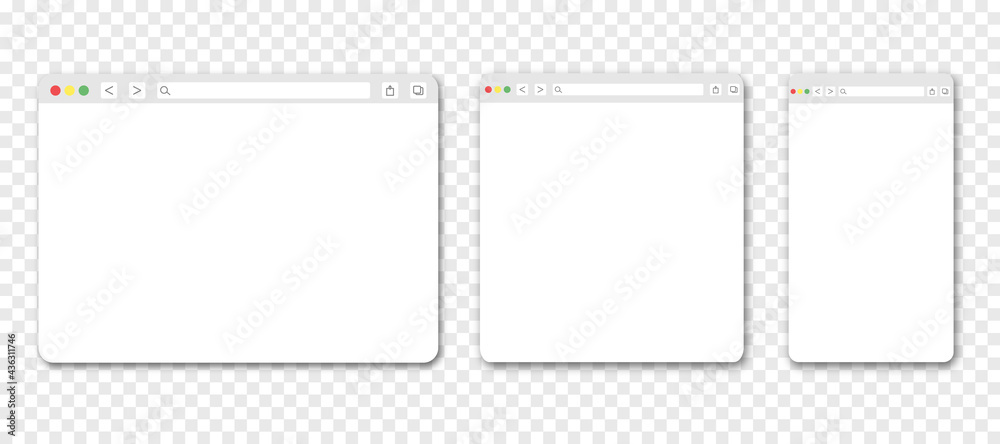 Set of web browser windows. Blank template. Website template design. Mockup for web site design. Vector illustration isolated on transparent background - obrazy, fototapety, plakaty 