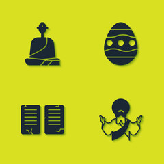 Poster - Set Buddhist monk, Jesus Christ, The commandments and Easter egg icon. Vector