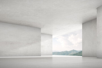 Aufkleber - 3d render of empty concrete room with large window on mountain background.