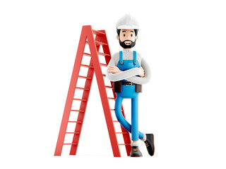 Wall Mural - builder cartoon character, funny worker or engineer with ladder