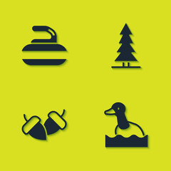 Canvas Print - Set Stone for curling, Flying duck, Acorn and Canadian spruce icon. Vector