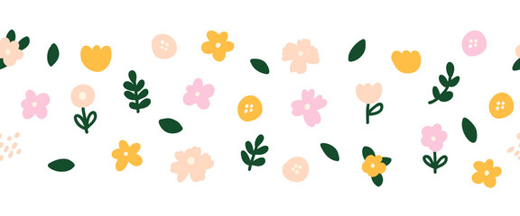Wall Mural - Horizontal white banner or floral backdrop decorated with multicolored blooming flowers and leaves seamless border. Spring botanical flat vector illustration on white background Scandinavian style.