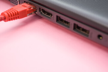 Sticker - Closeup of a LAN cable connected to a laptop isolated on a pink background