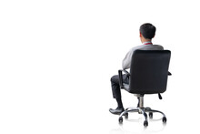 Back View Of Young  Businessman Sitting At The Chair Thinking  On White Or Isolated Background , Copy Space For Text.