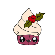 Image Of A Christmas Muffin. The Pastry Is Decorated With White Frosting, Candy, Red Flower And Small Christmas Tree Branches. Vector Illustration.