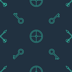 Sticker - Set line Round wooden shield, Old key and Medieval crossed arrows on seamless pattern. Vector