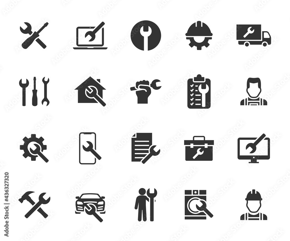 Vector set of repair flat icons. Contains icons device repair, technical support, engineer, tool kit, home repair, maintenance, list works and more. Pixel perfect. - obrazy, fototapety, plakaty 