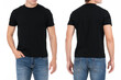 Black casual blank t shirt on man front and back view isolated on white background. Fashion design template