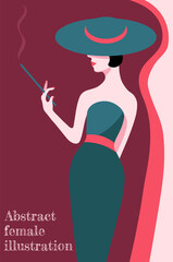Wall Mural - abstract illustration of fashion stylized woman in hat and long pink dress with green elements 