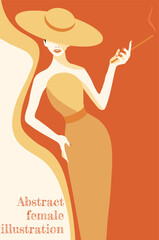 Wall Mural - abstract illustration of fashion stylized woman in hat and long dress in yellow and orange colours