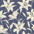 Realistic lilies. Seamless pattern. Flowers, leaves and branches. Hand drawn vector illustration. Line art. Texture for print, fabric, textile, wallpaper.