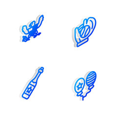 Sticker - Set Isometric line Baseball glove with ball, Eagle, Champagne bottle and Balloons icon. Vector