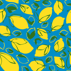 Wall Mural - Lemons with leaves random placed seamless repeat pattern. Vector citron illustration all over surface print on blue background.