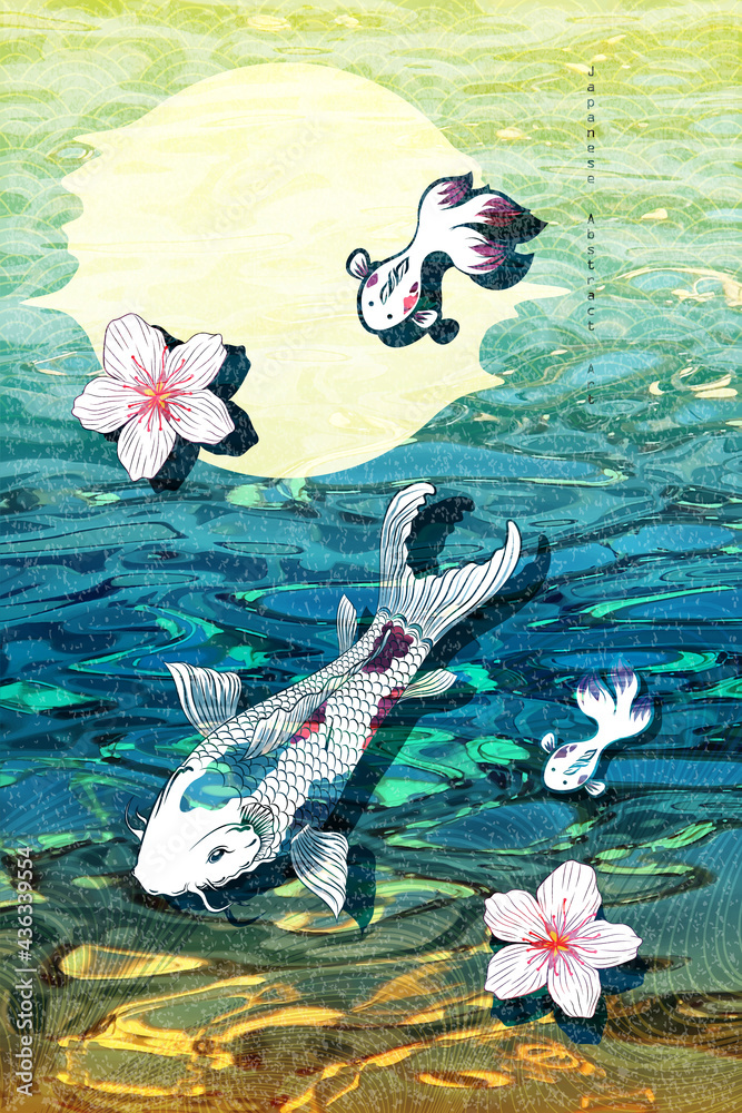 Abstract Japanese Art Swimming Carp KOI Fish Under Gradient Water ...