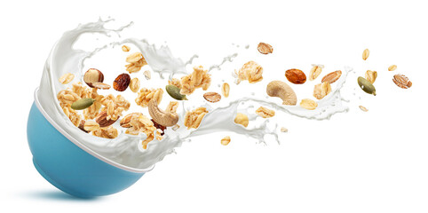 Wall Mural - Falling muesli, oat granola with milk splashing isolated on white background