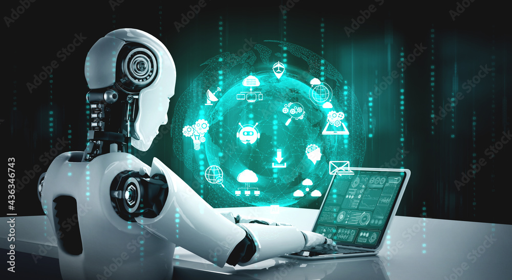 Robot humanoid use laptop and sit at table for global network connection using AI thinking brain , artificial intelligence and machine learning process for 4th industrial revolution . 3D illustration. - obrazy, fototapety, plakaty 