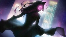 Beautiful Slender Cat Girl Romantically Dancing And Spinning In The Rain In The Middle Of A Huge City With A Thousand Lights, Wearing A Long Dress And Hair, On Her Head Glowing Headphones. 2d 