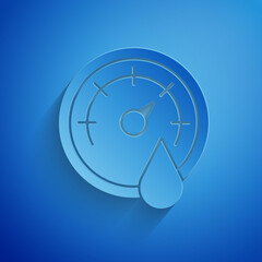 Poster - Paper cut Sauna thermometer icon isolated on blue background. Sauna and bath equipment. Paper art style. Vector