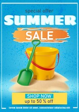 Summer Background With Sand Yellow Bucket And Spade On Blue Background.