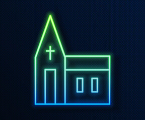 Sticker - Glowing neon line Church building icon isolated on blue background. Christian Church. Religion of church. Vector