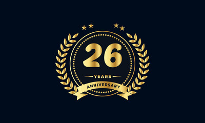 Wall Mural - 26th golden anniversary logo, with shiny ring and golden ribbon, laurel wreath isolated on navy blue background