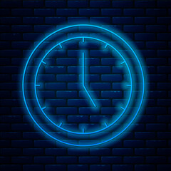 Sticker - Glowing neon line Clock icon isolated on brick wall background. Time symbol. Vector