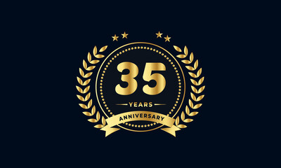 Wall Mural - 35th golden anniversary logo, with shiny ring and golden ribbon, laurel wreath isolated on navy blue background