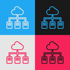 Poster - Pop art line Online working icon isolated on color background. Freelancer man working on laptop at his house. Remote work. Distant job concept. Vector