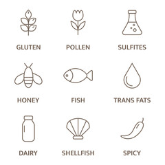 Leinwandbilder - Allergen line icon set. Sulfites, milk trans fats, honey, spicy gluten, lactose fish egg, pollen mollusk, dairy free badges. Allergy warning ingredients. Healthy food. Vector illustration