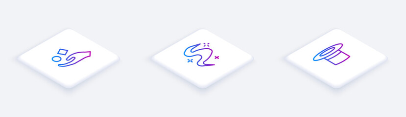 Sticker - Set Isometric line Cube levitating above hand, Magic fog or smoke and Magician hat. White square button. Vector