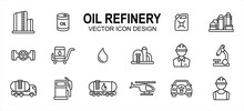 Oil Drilling Refinery Industry Related Vector Icon User Interface Graphic Design. Contains Such Icons As Rig, Tower, Drill, Driller, Oil, Tank, Distillery, Pump, Truck, Pipe, Spurt, Squirt, Valve,
